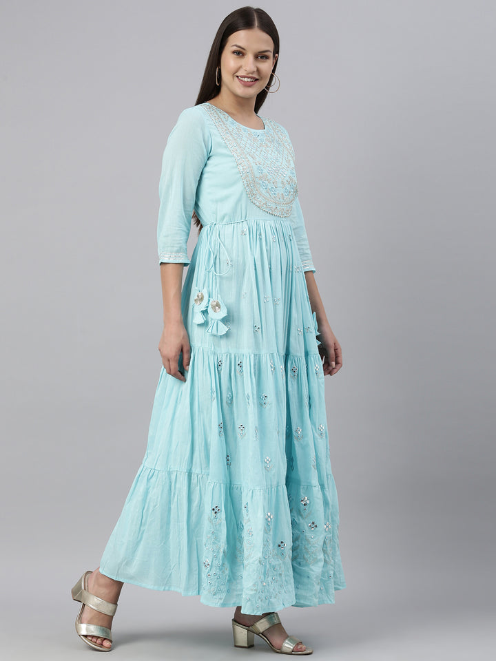 Neerus Blue cotton solid kurti - detail view 1