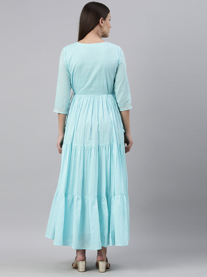 Neerus Blue cotton solid kurti - detail view 2