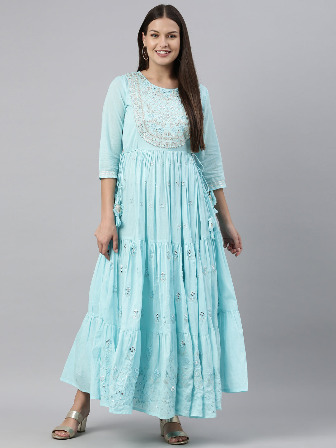 Neerus Blue cotton solid kurti - detail view 3