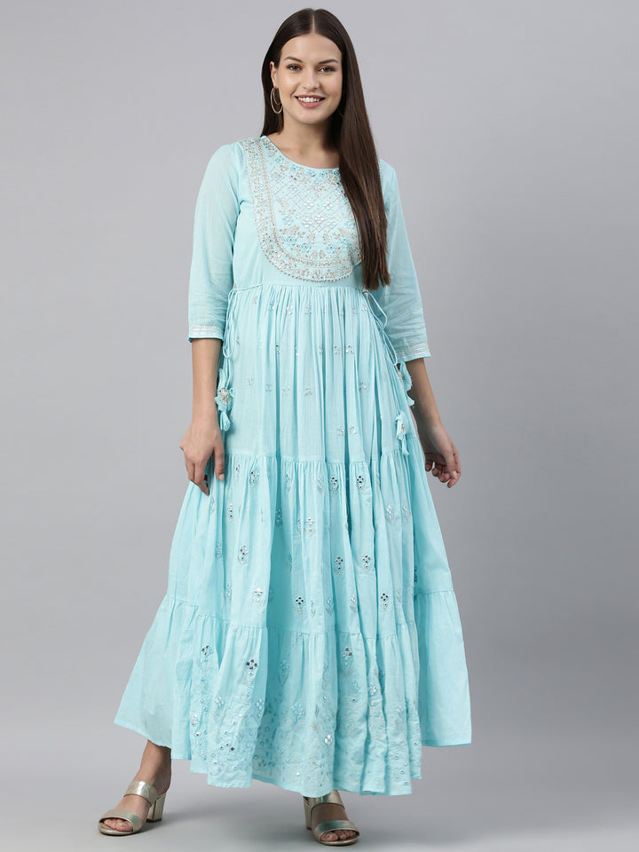 Neerus Blue cotton solid kurti - detail view 3