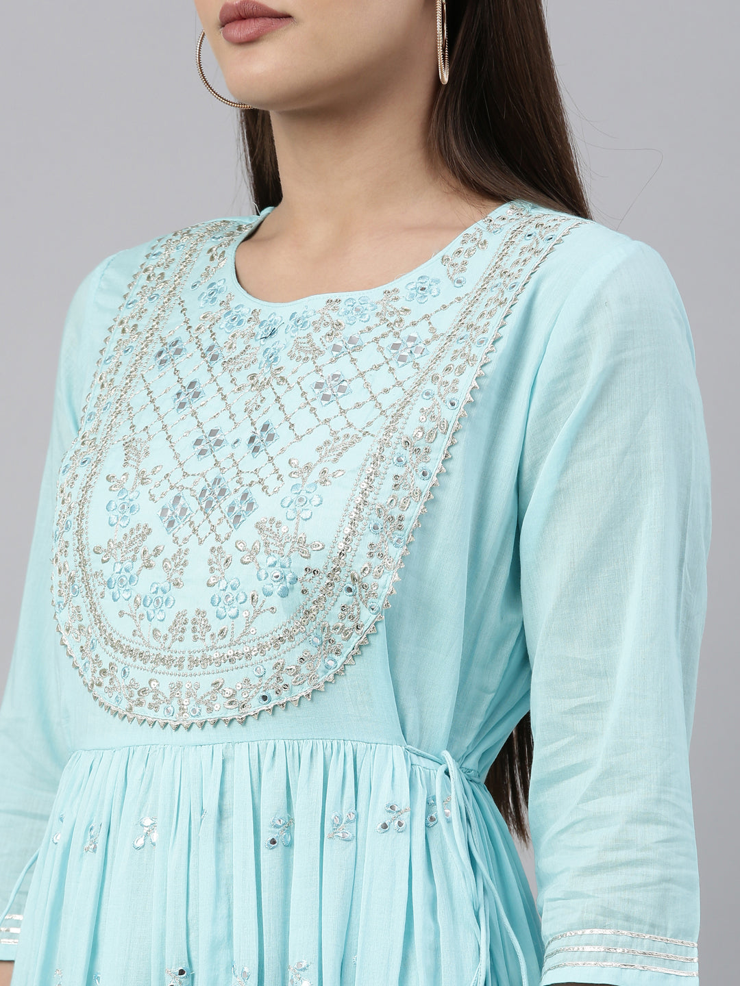 Neerus Blue cotton solid kurti - detail view 6