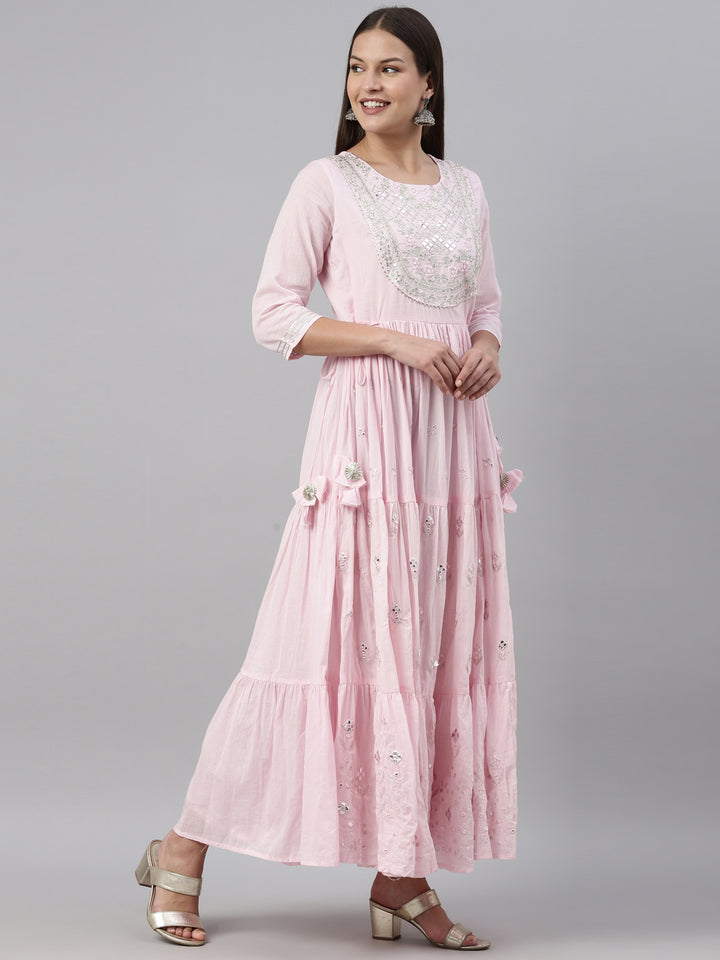 Neerus Baby Pink Color Cotton Fabric Kurta