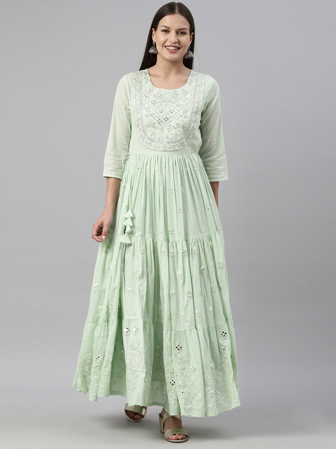 Neeru'S Pista Color Cotton Fabric Kurta