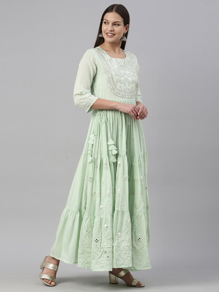 Neerus Green cotton solid kurti - detail view 1