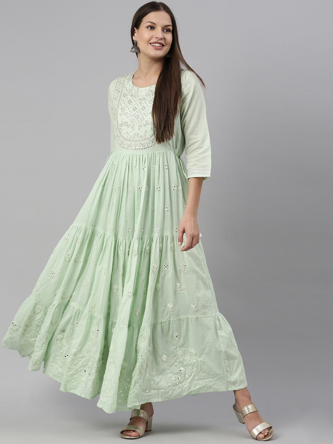 Neeru'S Pista Color Cotton Fabric Kurta