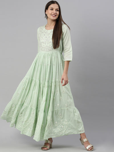 Neeru'S Pista Color Cotton Fabric Kurta