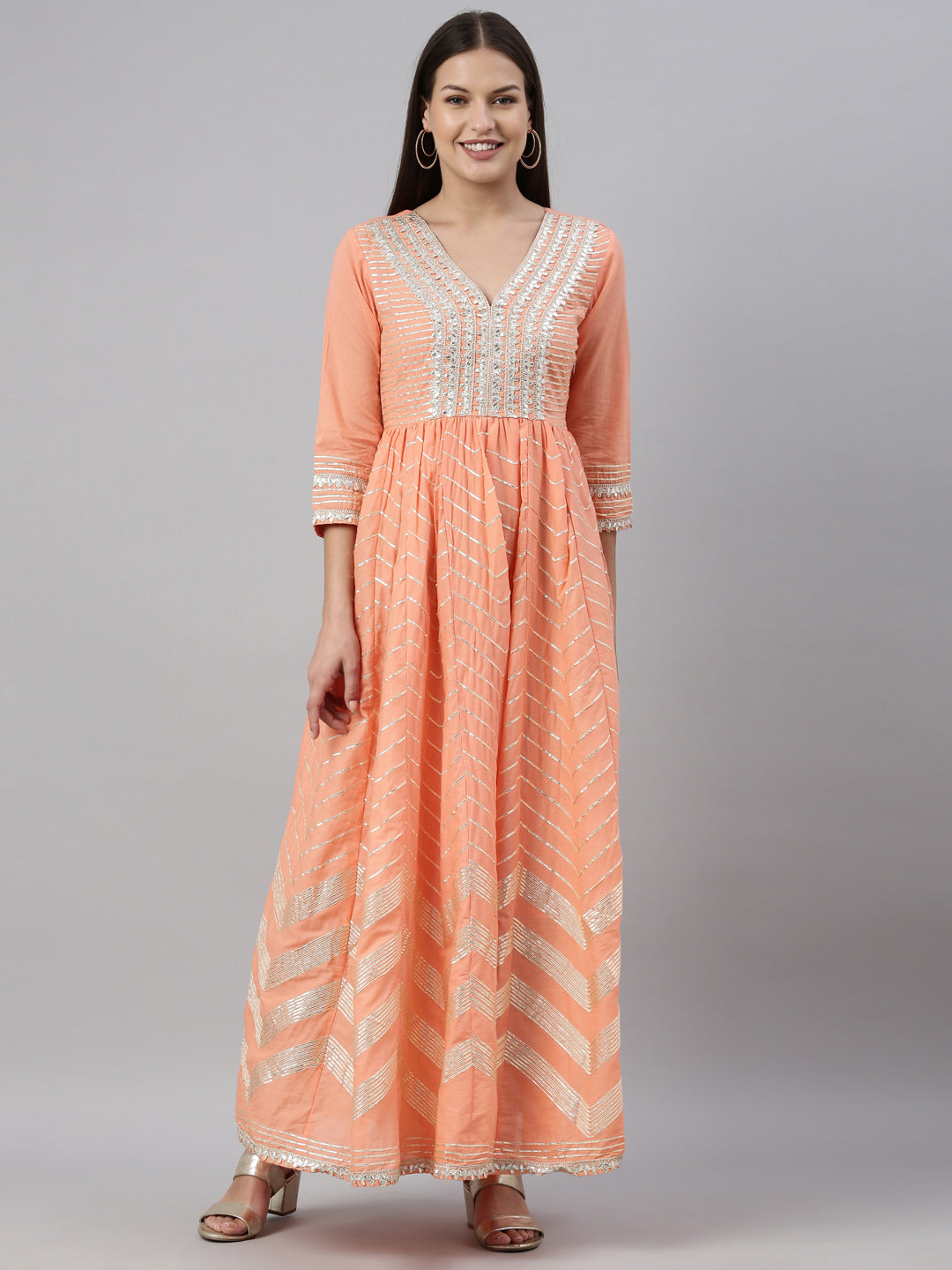 Neerus Peach Color Cotton Fabric Kurta