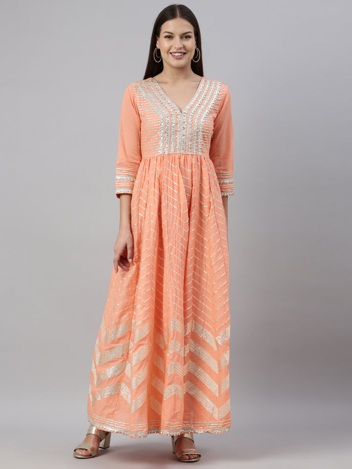 Neerus Peach Color Cotton Fabric Kurta