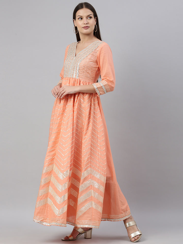 Neerus Peach Color Cotton Fabric Kurta