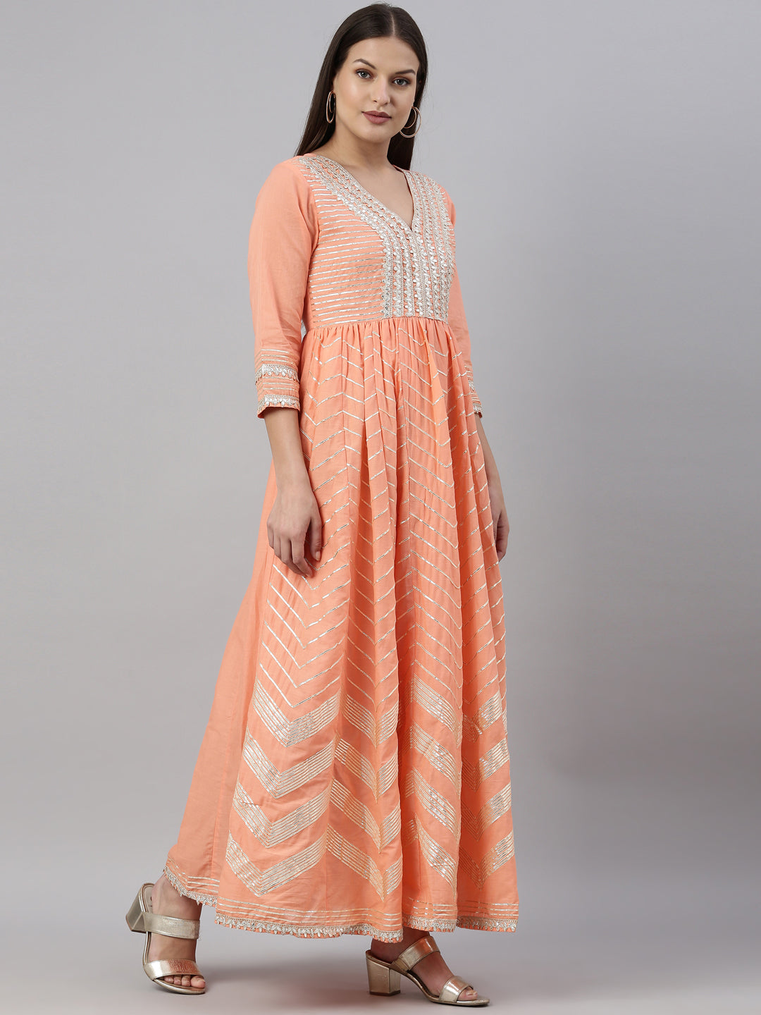 Neerus Peach Color Cotton Fabric Kurta