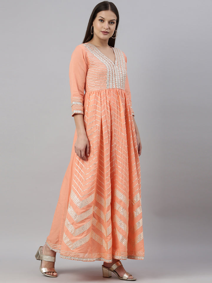 Neerus Peach Color Cotton Fabric Kurta