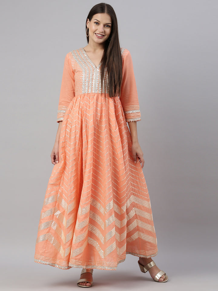Neerus Peach Color Cotton Fabric Kurta