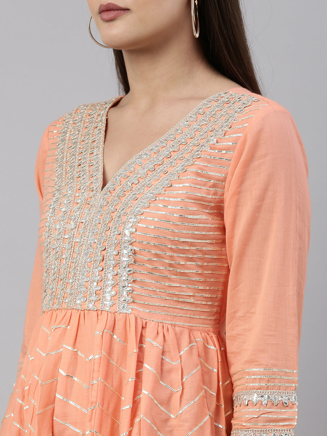 Neerus Peach Color Cotton Fabric Kurta