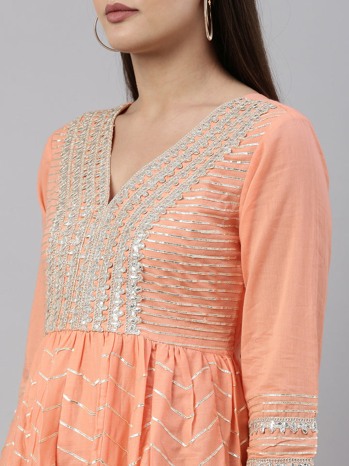 Neerus Peach Color Cotton Fabric Kurta