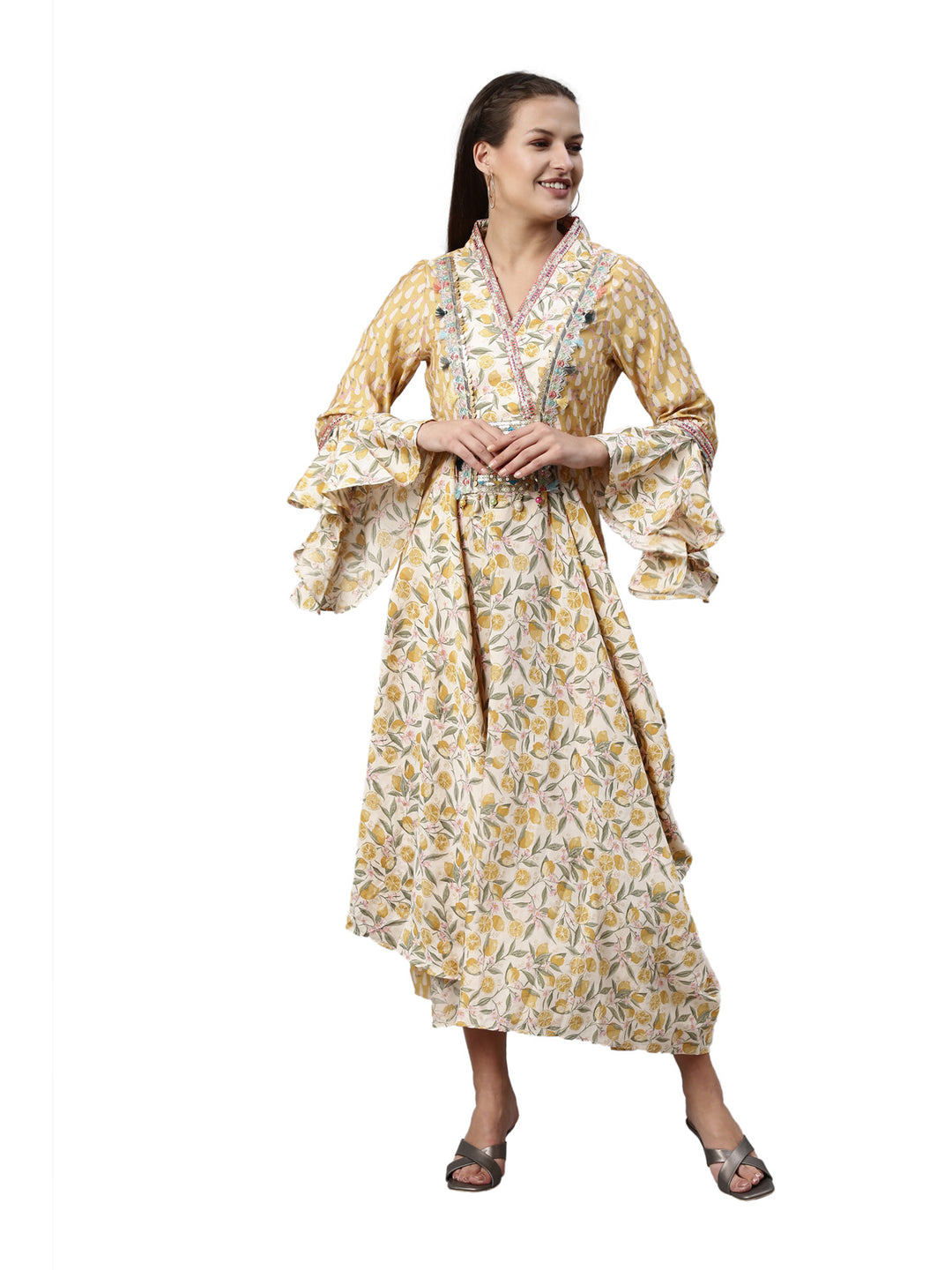 Neerus Yellow modal printed kurti - front view