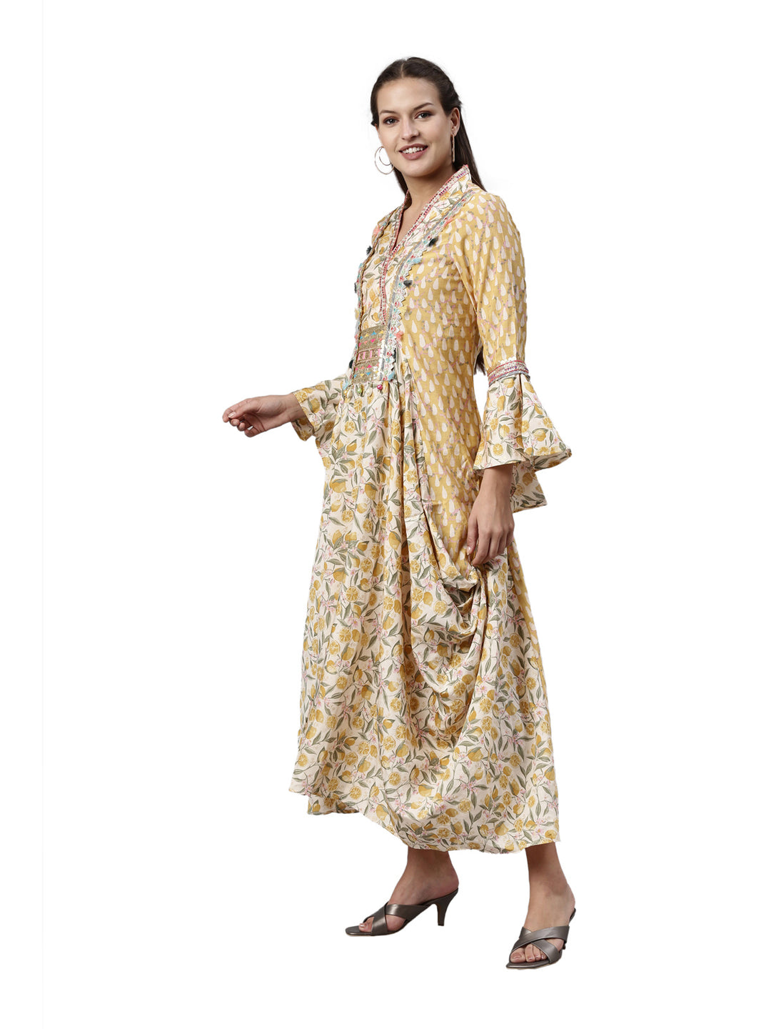 Neerus Yellow modal printed kurti - side view