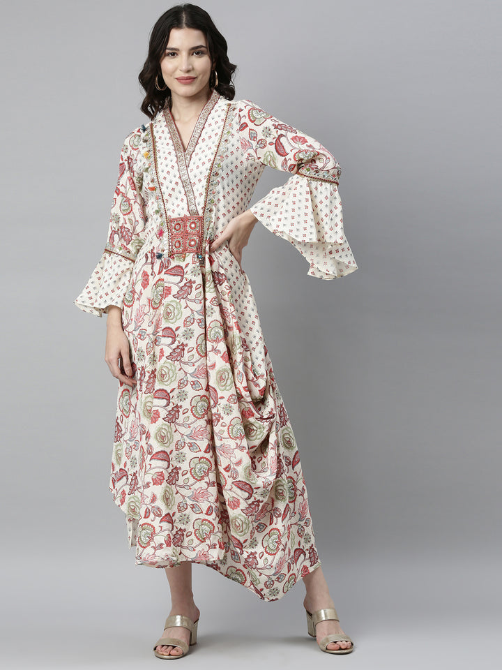 Neerus Beige shantoon printed kurti - front view