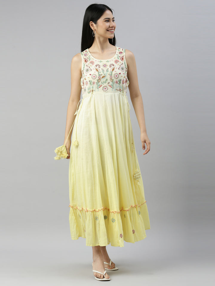 Neerus Yellow cotton embellished anarkali kurta - front view