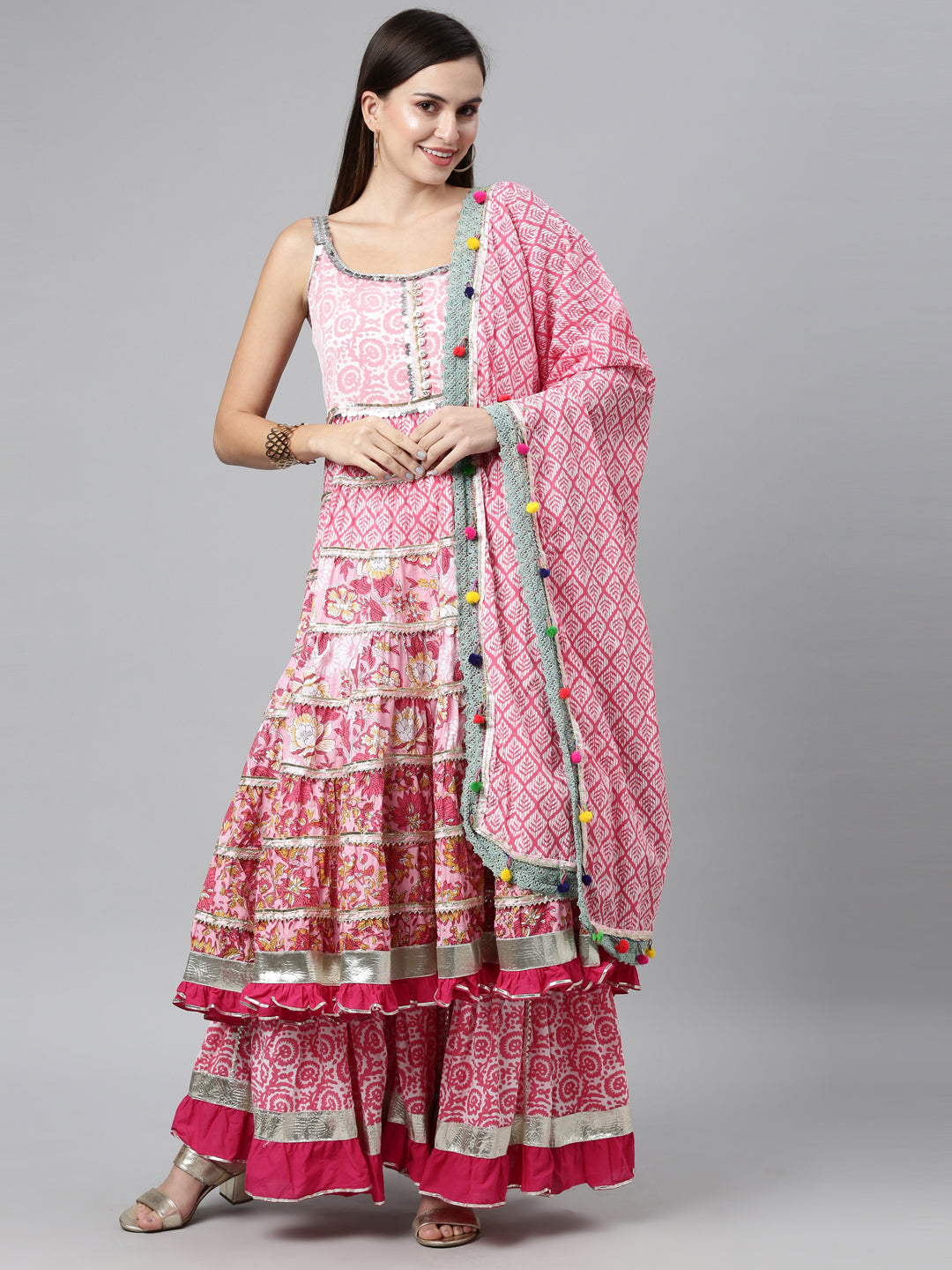 Neerus Pink Color Jute Cotton Fabric Kurta Sets With Dupatta