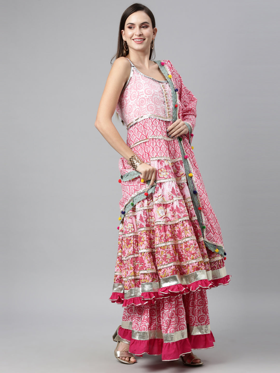 Neerus Pink Color Jute Cotton Fabric Kurta Sets With Dupatta