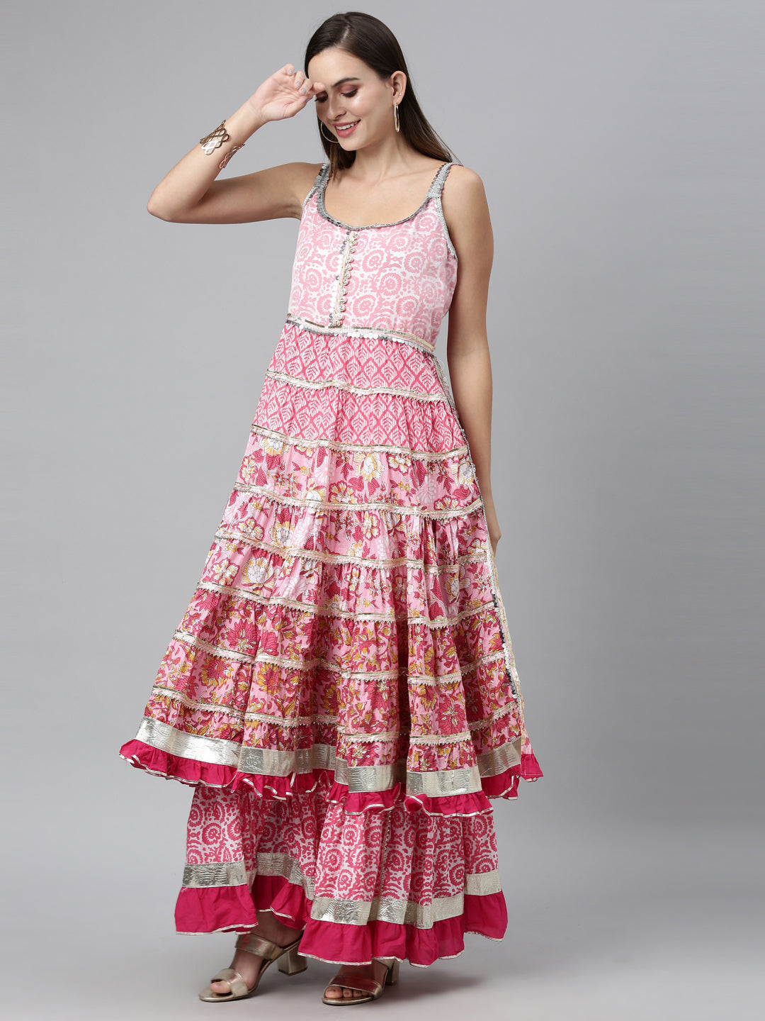 Neerus Pink Color Jute Cotton Fabric Kurta Sets With Dupatta