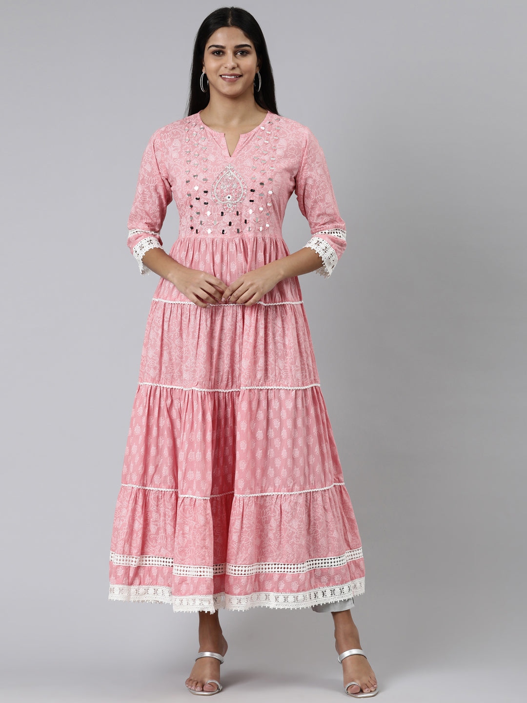 Neerus Pink cotton printed straight kurti - front view