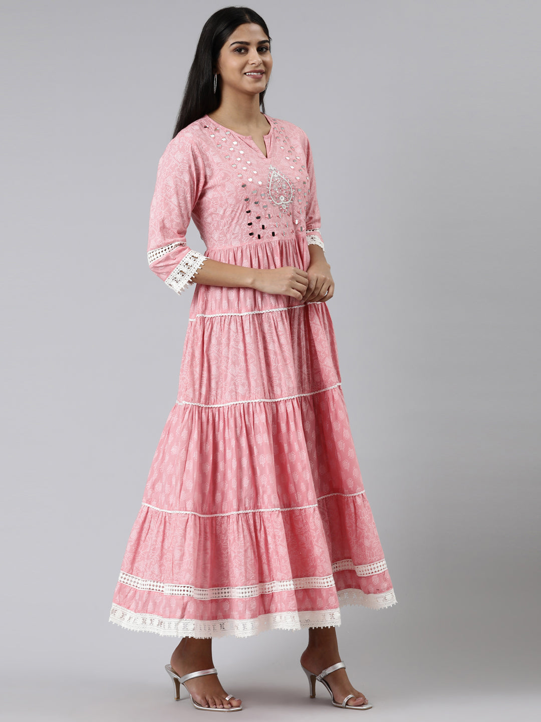 Neerus Pink cotton printed straight kurti - back view