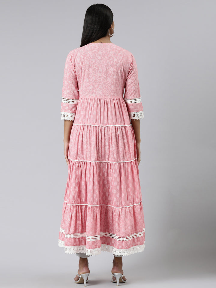 Neerus Pink cotton printed straight kurti - side view