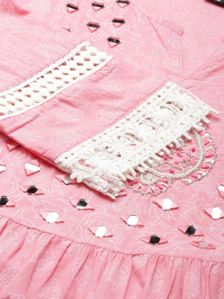 Neerus Pink cotton printed straight kurti - detail view 1