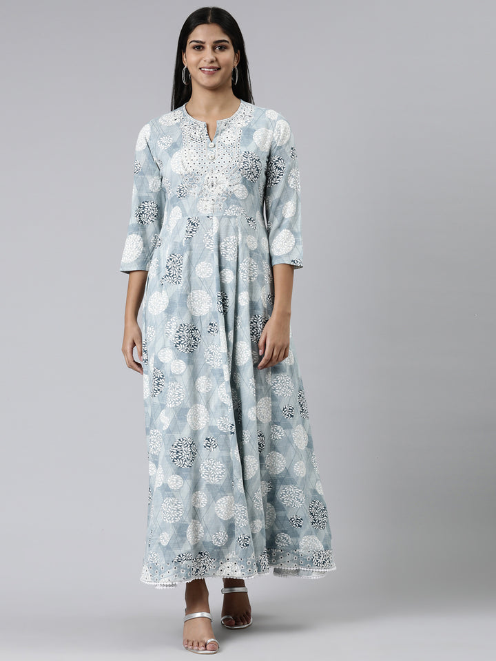 Neerus Grey Straight Printed Viscose Rayon Kurtas
