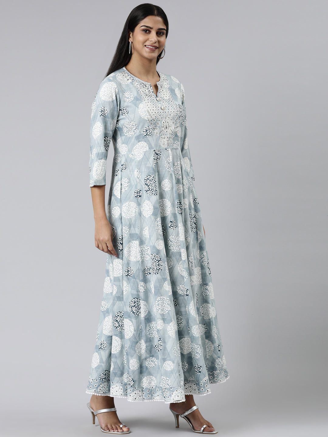 Neerus Grey Straight Printed Viscose Rayon Kurtas