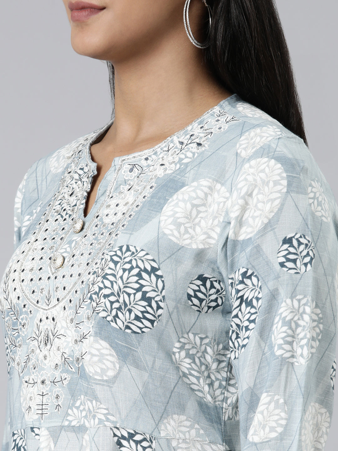 Neerus Grey Straight Printed Viscose Rayon Kurtas