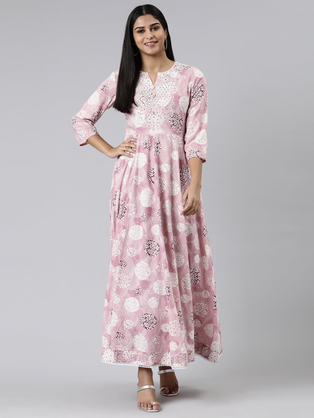 Neerus Pink Straight Printed Viscose Rayon Kurtas