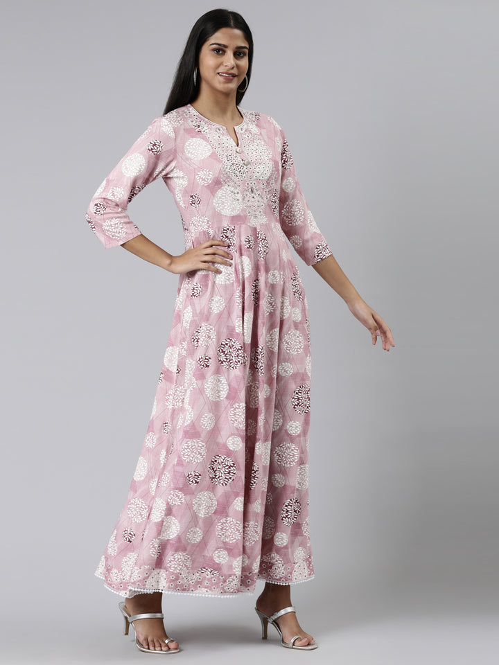 Neerus Pink Straight Printed Viscose Rayon Kurtas