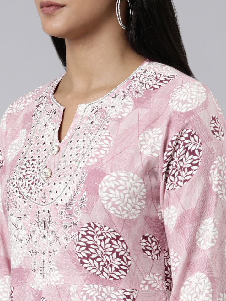 Neerus Pink Straight Printed Viscose Rayon Kurtas