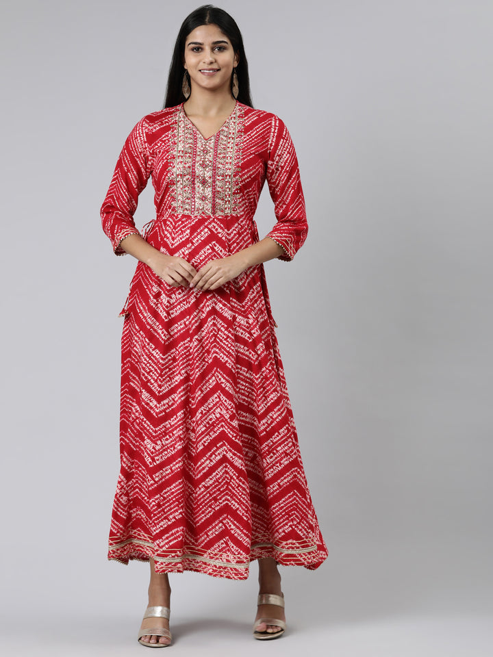 Neerus Pink Straight Printed Viscose Rayon Kurtas