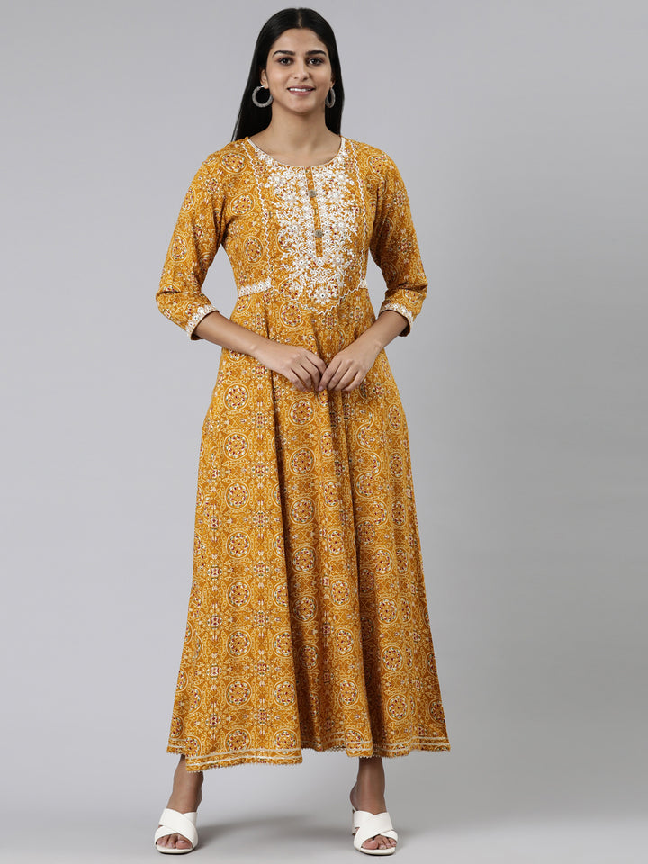 Neerus Mustard Straight Printed Viscose Rayon Kurtas