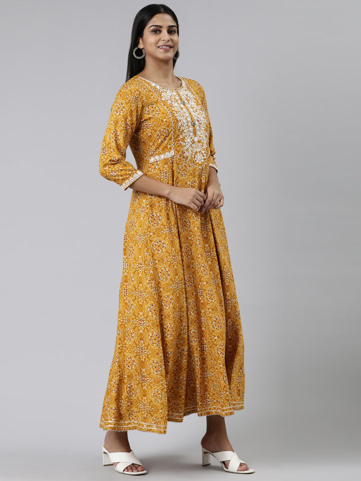 Neerus Mustard Straight Printed Viscose Rayon Kurtas
