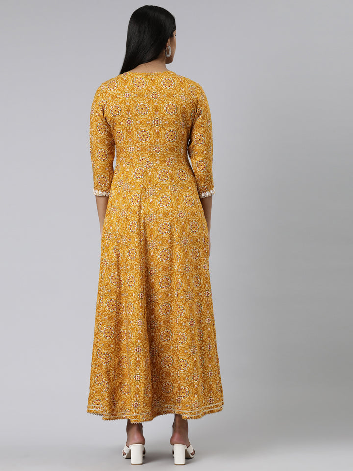 Neerus Mustard Straight Printed Viscose Rayon Kurtas