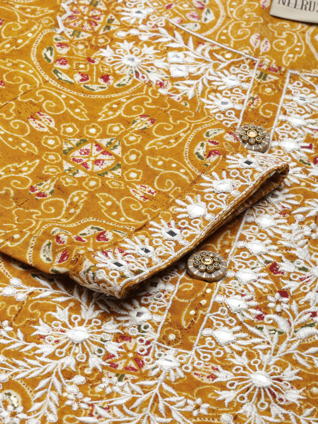 Neerus Mustard Straight Printed Viscose Rayon Kurtas