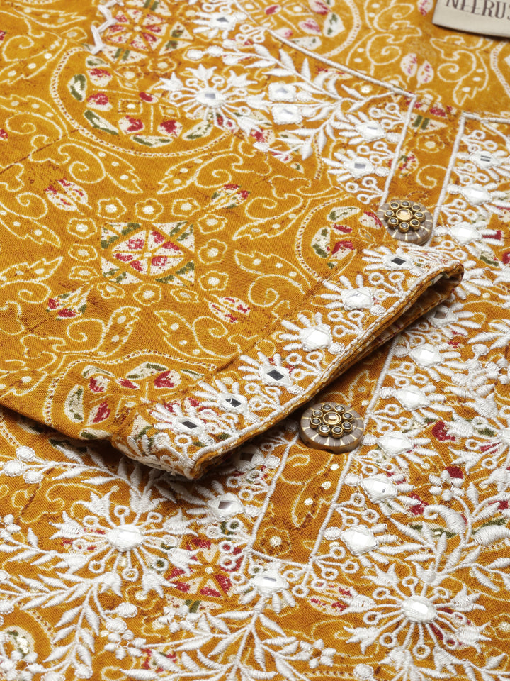 Neerus Mustard Straight Printed Viscose Rayon Kurtas