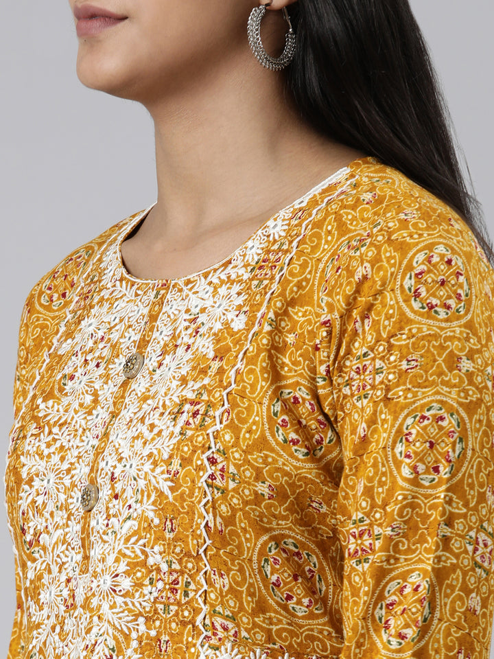 Neerus Mustard Straight Printed Viscose Rayon Kurtas