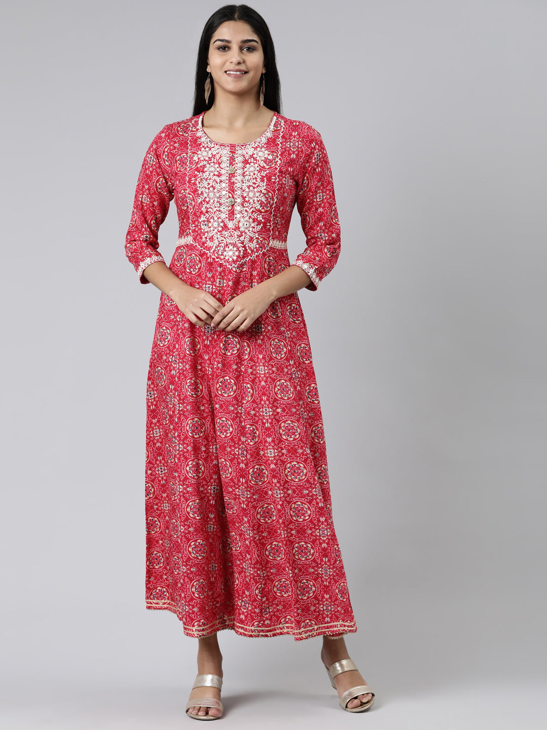 Neerus Pink Straight Printed Viscose Rayon Kurtas