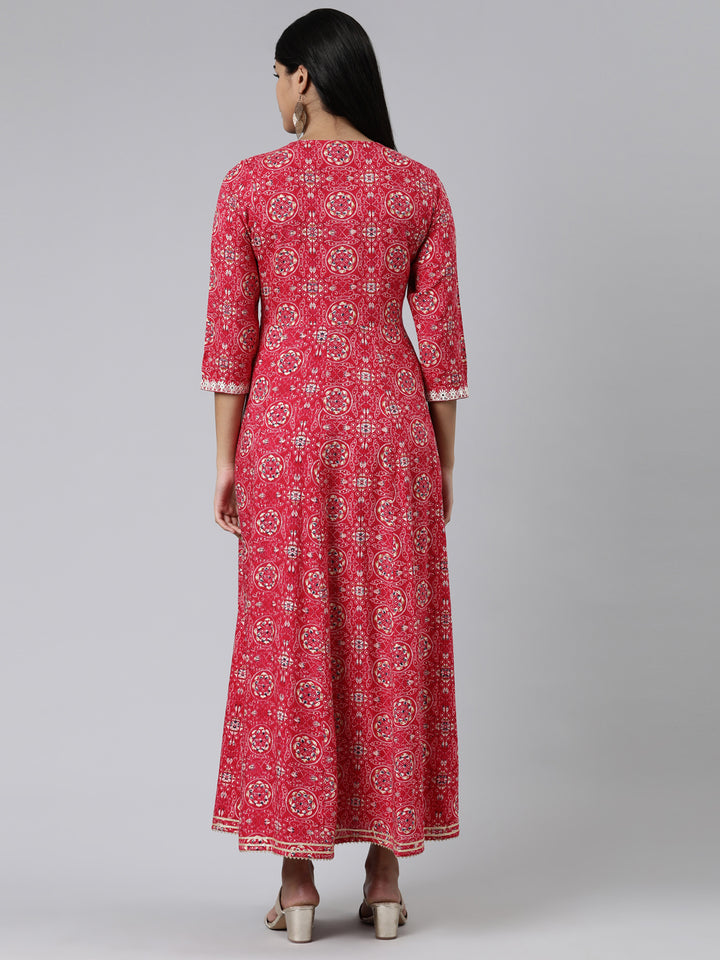 Neerus Pink Straight Printed Viscose Rayon Kurtas