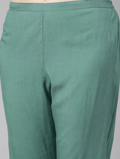 Neeru's Green Regular Calf Length Printed Kurta Solid Trousers With Dupatta