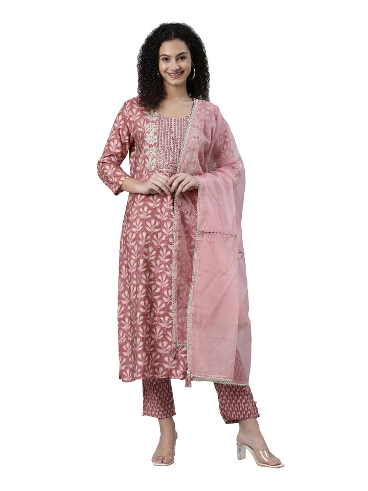 Neerus Pink Regular Knee Length Printed Kurta Printed Trousers With Dupatta