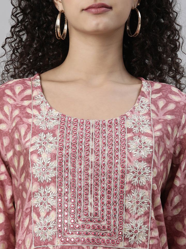 Neerus Pink Regular Knee Length Printed Kurta Printed Trousers With Dupatta