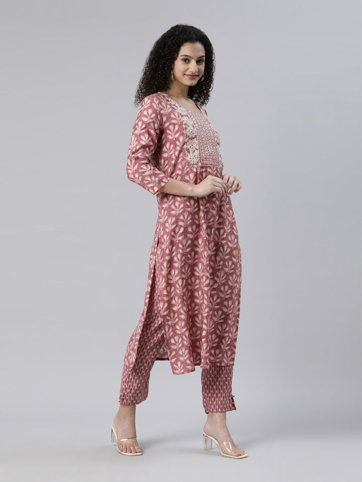 Neerus Pink Regular Knee Length Printed Kurta Printed Trousers With Dupatta
