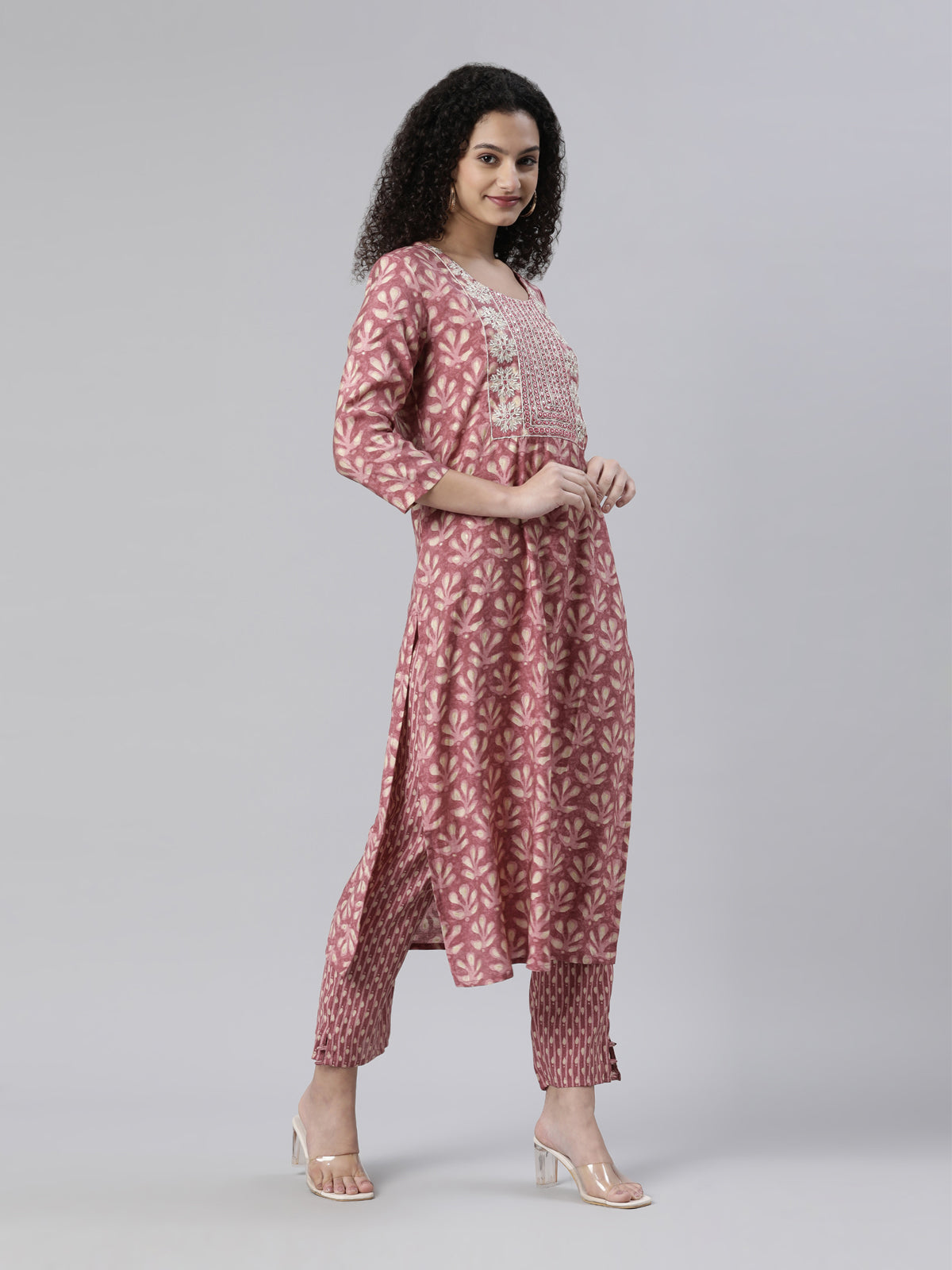 Neeru's Pink Regular Knee Length Printed Kurta Printed Trousers With Dupatta