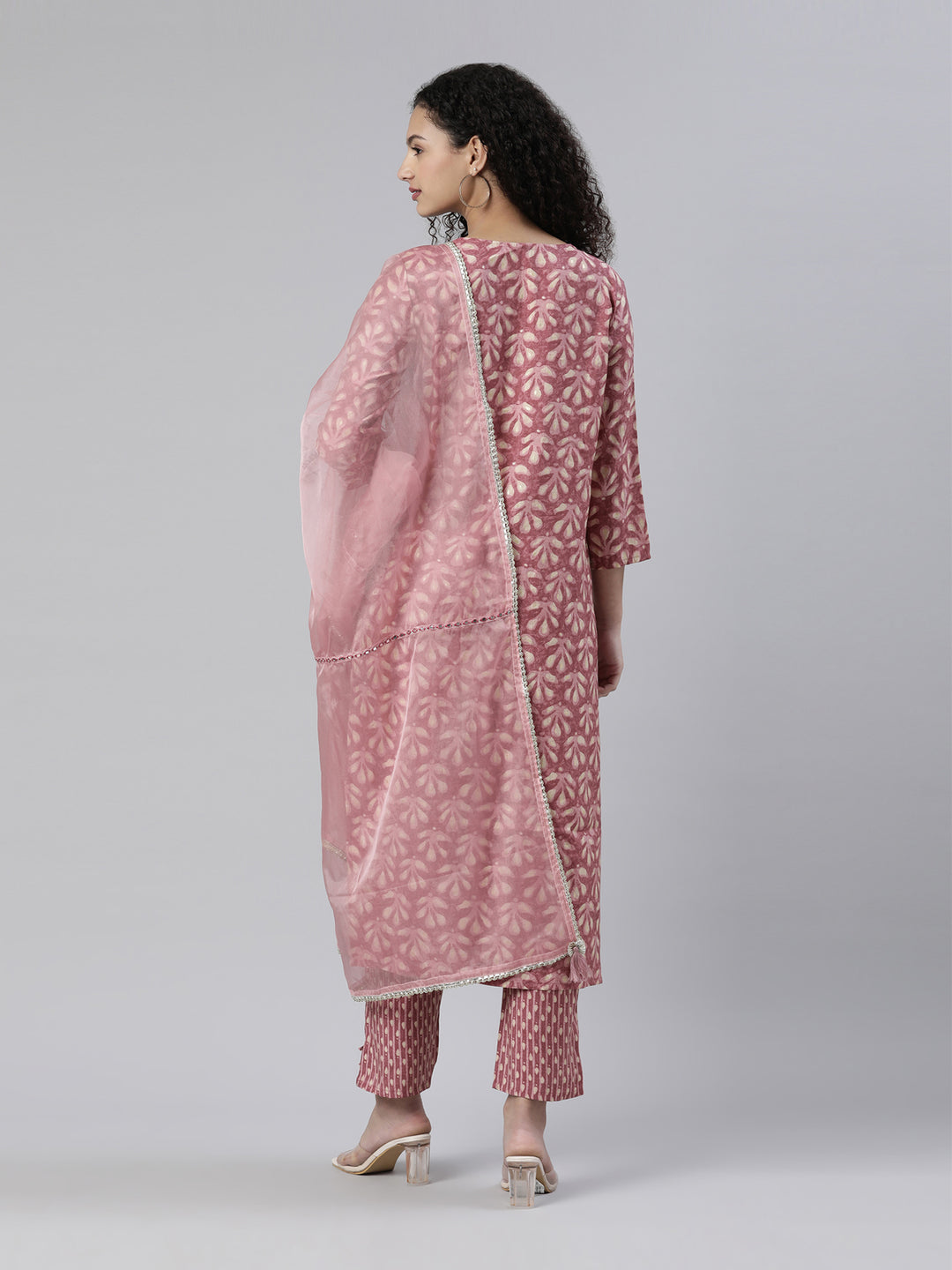 Neerus Pink Regular Knee Length Printed Kurta Printed Trousers With Dupatta